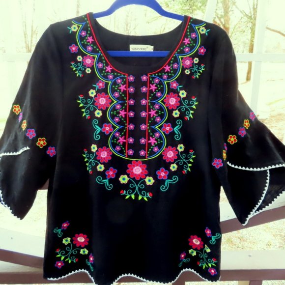 Tops - Stunning Bohemian Blouse • Real Embroided Fancy Flowers • 3/4 Bell Sleeve